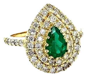 1.38 Carat Colombian Emerald Double Halo Diamond Yellow Gold Ring, Size 6.5