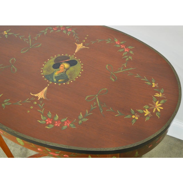 Wood Adams Style Hand Painted Decorated Oval Side Table by Banks, Coldstone Co. For Sale - Image 7 of 13