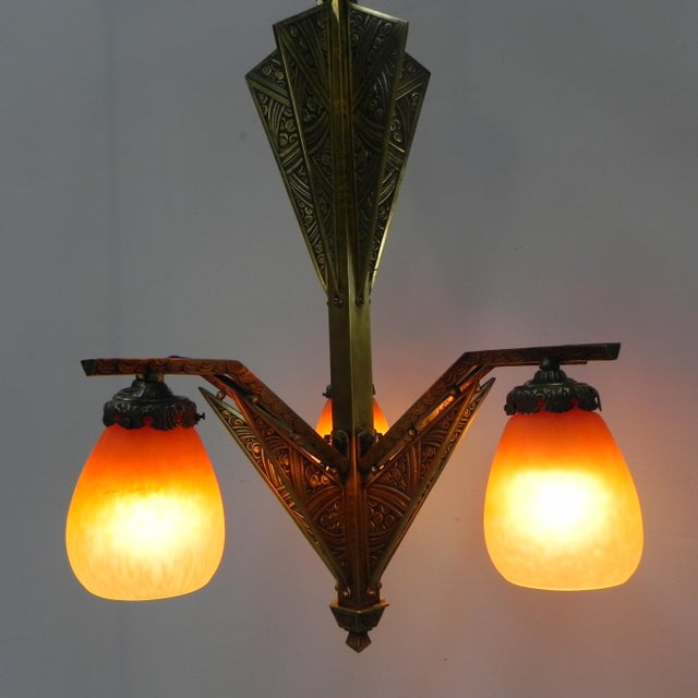 Art Deco Brass Hanging Lamp with 5 Pates De Verre Shades, 1930s For Sale - Image 15 of 18