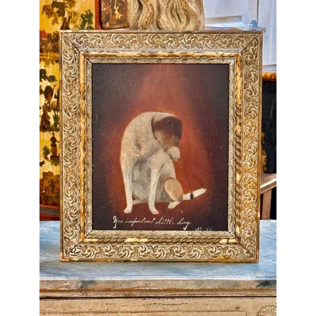 Oil on board, a little dog and a bug,19th CenturyYou Impudent Little Bug Signed MW (lr) Oil on board 11 x 8 3/4 inches