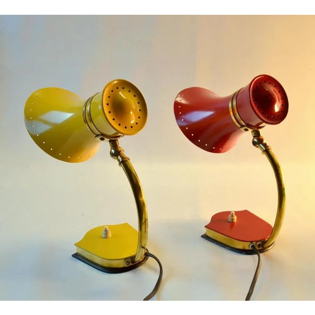 Italian Red, Yellow & Brass Table Lamps from Stilnovo, 1960s, Set of 2 For Sale - Image 10 of 17