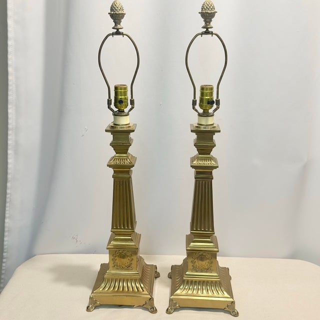 Robert Abbey Vintage 1990s Robert Abbey Neoclassical Style Brass Table Lamps - A Pair For Sale - Image 4 of 12