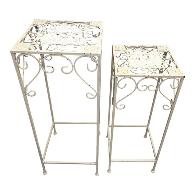 Pair of Vintage Indoor/Outdoor Hollywood Regency Graduated Metal Plant Stands, Distressed Ivory Scrollwork For Sale - Image 4 of 10