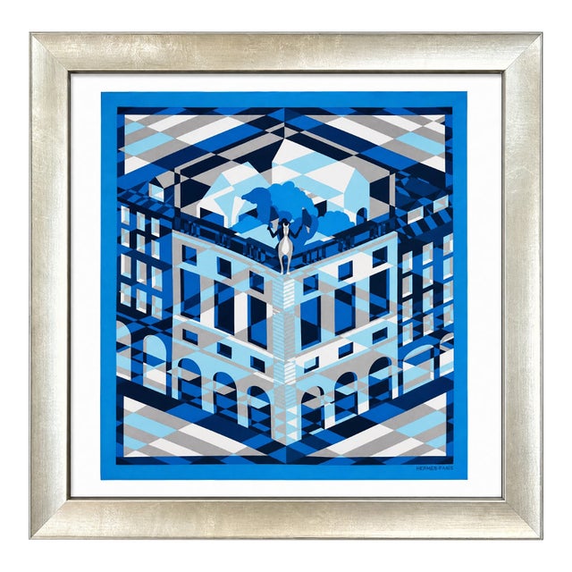 Hermes Faubourg en Perspective Framed Vintage Silk Scarf 24" For Sale