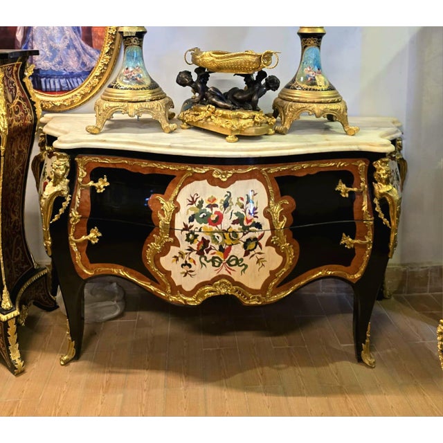 French French Louis XV Floral Bombe Chest – Hand-Painted Marquetry, Marble Top & Gilded Details For Sale - Image 3 of 4