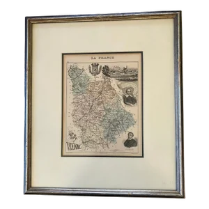 Early 20th Century Hand Colored Map of Vienne Region in France. Framed.