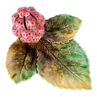 Antique Majolica Like Pottery Plate Leaf Strawberries Wall Hanging Place Card For Sale