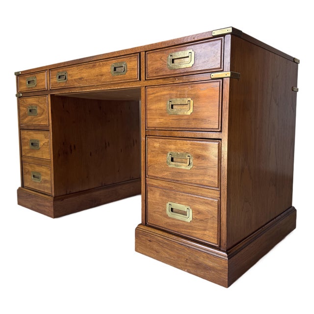 1970’s Hollywood Regency Military Campaign Style Executive Desk With Brass Hardware For Sale