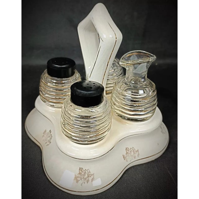Antique White Vintage Glass and Faience Condiment Set With Floral "China" Design- 5 Pieces For Sale - Image 8 of 12