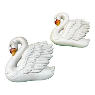 Pair of Small Vintage Ceramic Swan Figurine Wall Hangings For Sale