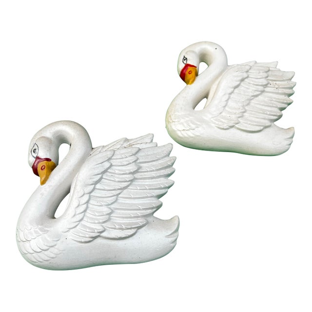 Pair of Small Vintage Ceramic Swan Figurine Wall Hangings For Sale