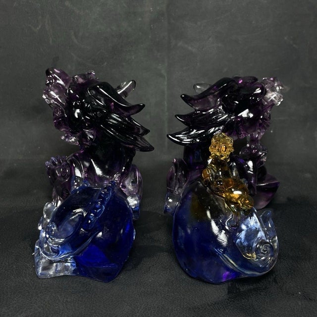 Purple Pair of Vintage Chinese Purple Glass / Liuli Kirin Sculptures - Feng Shui Wealth Guardians For Sale - Image 8 of 9