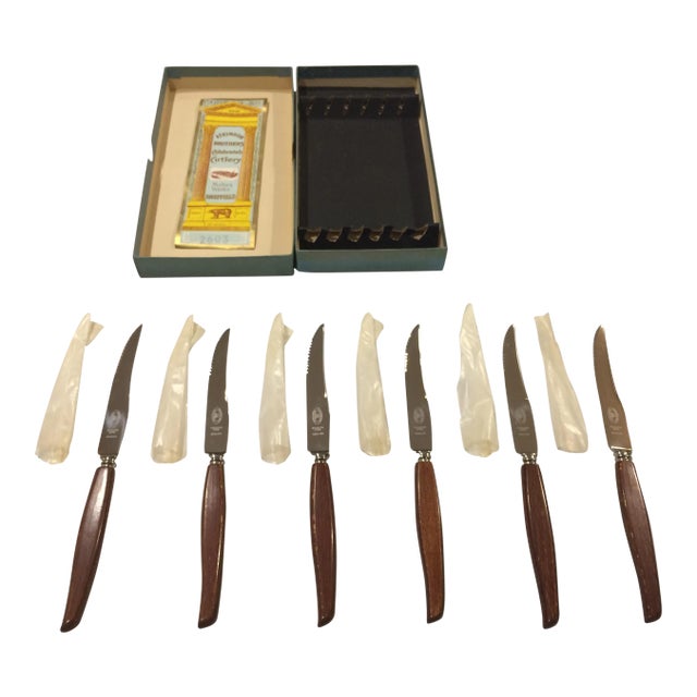 Mid Century Atkinson Brothers Celebrated Cutlery Milton Works Steak Knives Made in Sheffield, England - Set of 6 For Sale