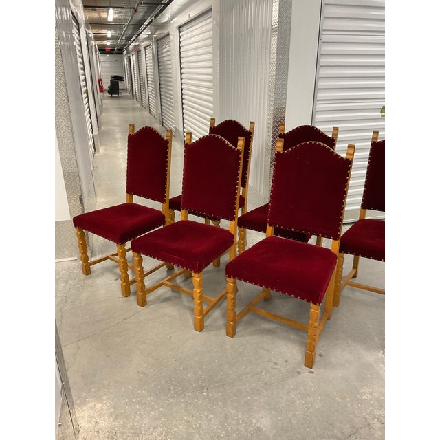 1970s Set of 6 1970s Danish Oak Dining Chairs - Style of Henning Kjærnulf - Original Red Mohair For Sale - Image 5 of 18