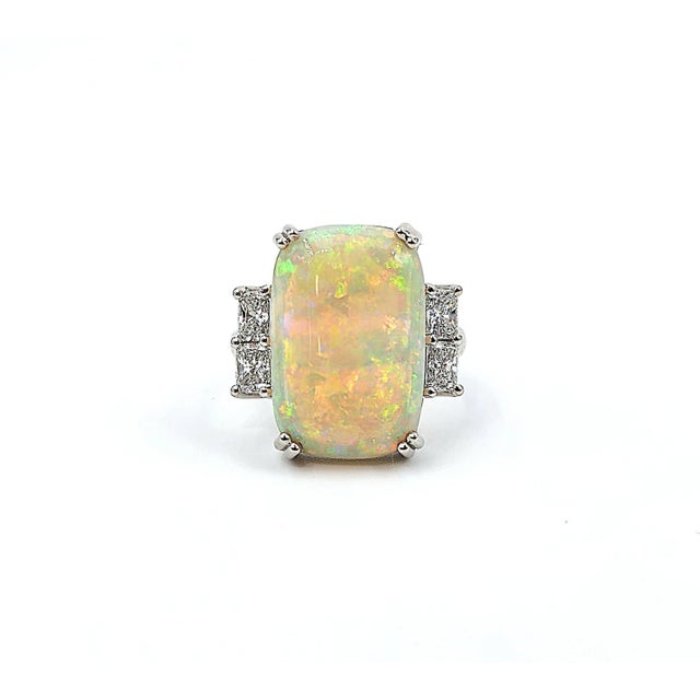 White 7.79 Ct Platinum Natural Australian Opal & Diamond Ring Size 7 For Sale - Image 8 of 8