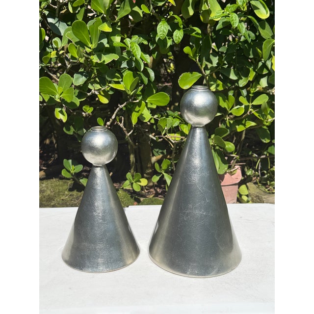 Silver Vintage Sculptural Postmodern Ceramic Candleholders, Graduated Pair For Sale - Image 8 of 12