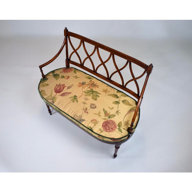 Mahogany Sheraton Style Caned Settee With Floral Silk Cushion, 1990s For Sale - Image 4 of 14