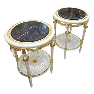 French Style Gold Leaf Side Table Set of 2 – Black Marble Top With Ornate White & Gilt Frame For Sale
