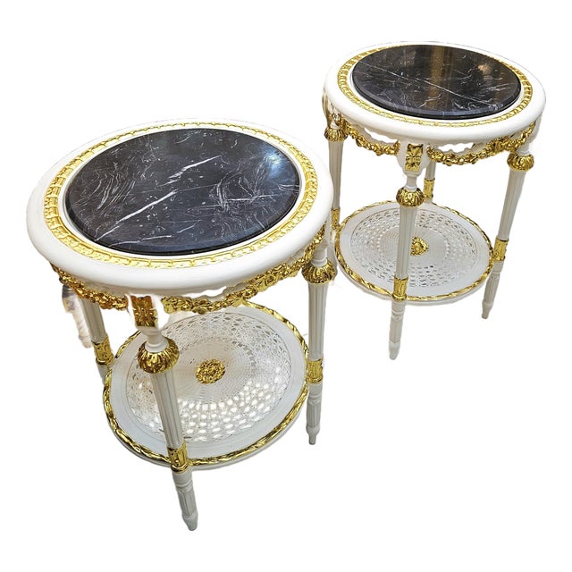 French Style Gold Leaf Side Table Set of 2 – Black Marble Top With Ornate White & Gilt Frame For Sale