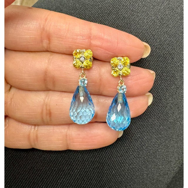 26.73 Carat Blue Topaz Yellow Sapphire Yellow Gold Drop Earrings - 2 Pieces For Sale In Los Angeles - Image 6 of 7