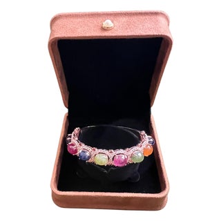Bochic “Capri” Red Ruby & Multi Color Sapphires Bangle Set In 18K Gold & Silver For Sale
