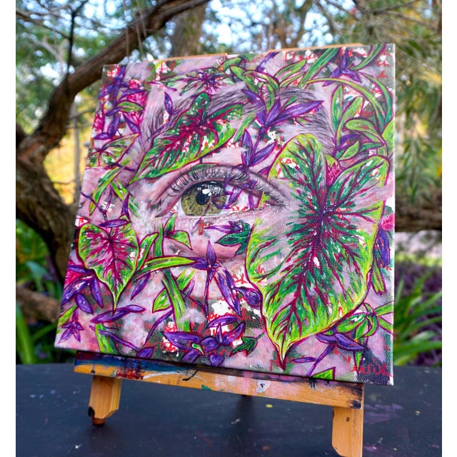 Contemporary Flourish-Charles-My Front Yard, Florida by Amanda Seckington | Acrylic & Oil Painting of an eye surrounded by plants For Sale - Image 3 of 4