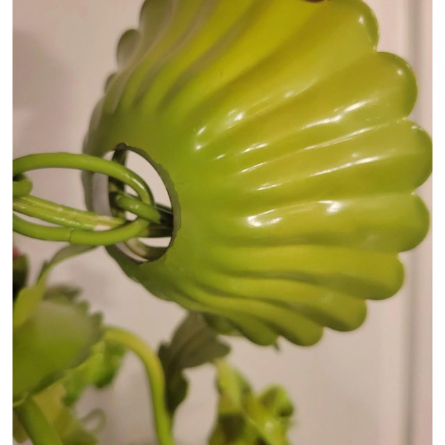 Metal Vintage Tole Chinoiserie Italian Painted Lime Pale Green Rose 5 Light Chandelier For Sale - Image 7 of 10