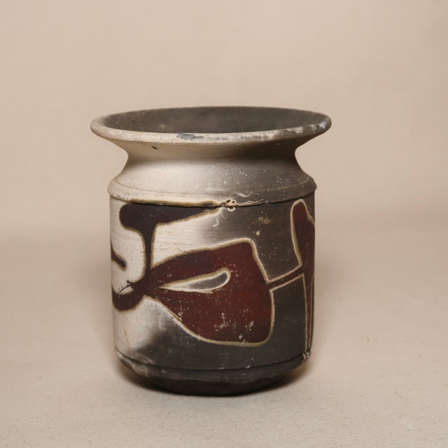 Vintage Signed Studio Pottery Wabi Sabi Vase With Flared Rim and Abstract Smokey Slip Glaze For Sale - Image 4 of 15