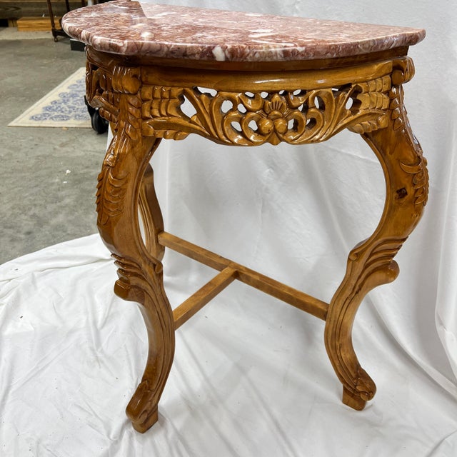 Carved Marble Top Demi-Lune Console Table For Sale - Image 4 of 5