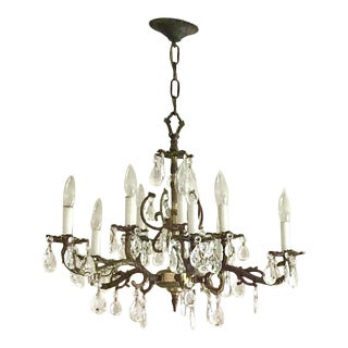 Vintage French Style 8 - Light Brass Chandelier With Crystals For Sale