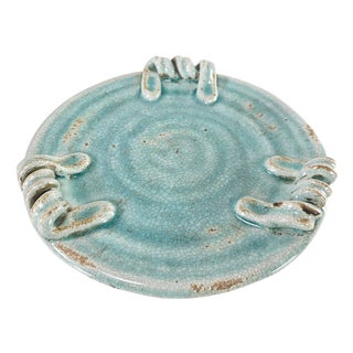 Handmade Studio Pottery Ceramic Turquoise Crackle Glaze Platter 10” For Sale