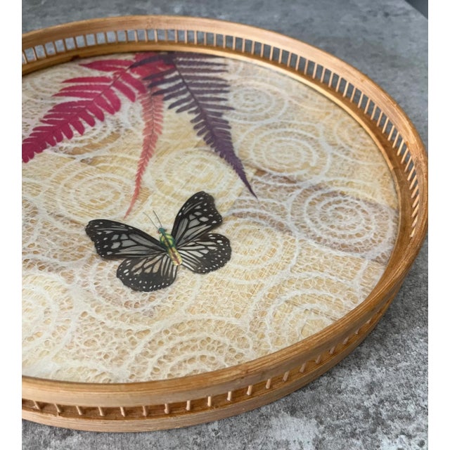 1970s Boho Chic Pressed Butterfly Bamboo Tray For Sale - Image 4 of 7