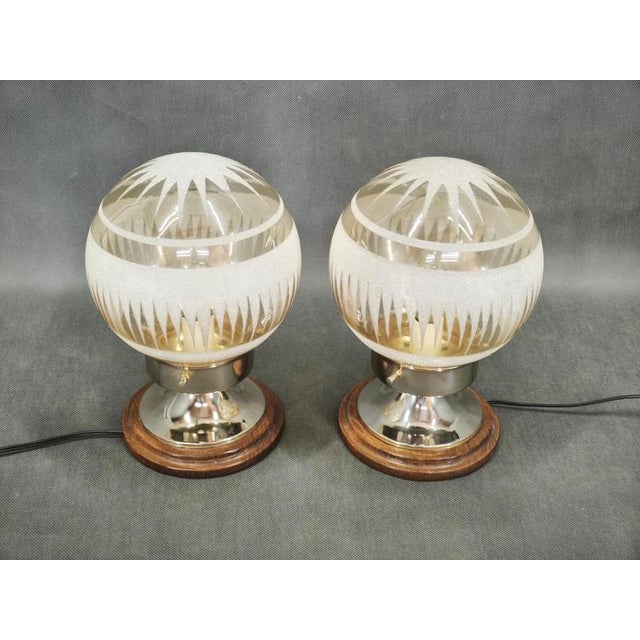Metal Italian Etched Glass, Chrome and Wood Table Lamps, 1950s, Set of 2 For Sale - Image 7 of 10