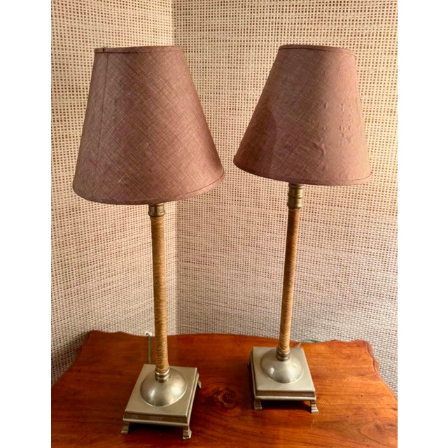 Pair of Woven Leather Buffet Lamps with Fabric Shades. Bases are metal and measure 5” x 5”. Shades are 9”h x 8’w at base.