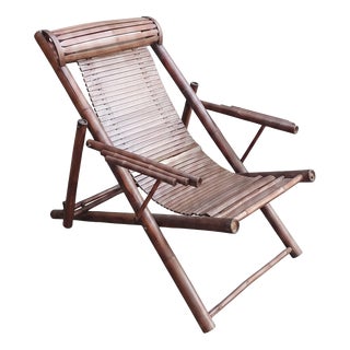 Bamboo and Wooden Slats Deck Chair, 1970s For Sale