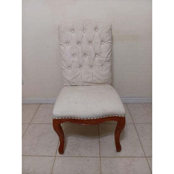 1980s Dining Chair Wood Frame Tufted Upholstered Beige Noble House Set of 4 For Sale - Image 4 of 8