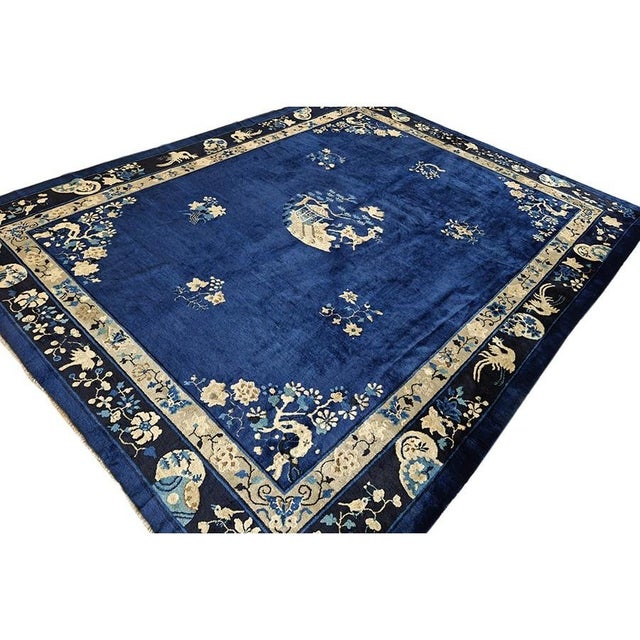 Royal Blue 1920s Blue Scene Animals Deco Antique Peking Chinese Knotted Wool 9'x 11' 4" Rug For Sale - Image 8 of 10