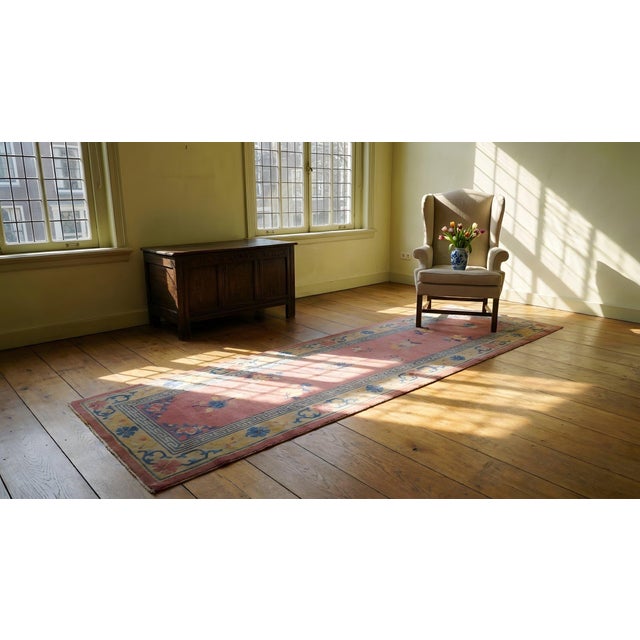 Textile 1930s Pink-Rose Floral Antique Chinese Peking Rug 3' X 11'8" Handknotted Wool Carpet For Sale - Image 7 of 9