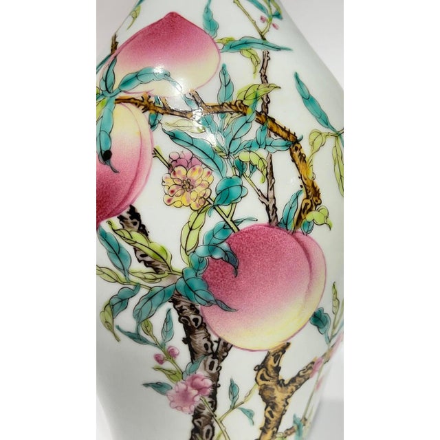 Pair of Mid 20th Century Yongzheng Style Chinese Export Porcelain Vases With Peach Tree Designs For Sale - Image 4 of 6