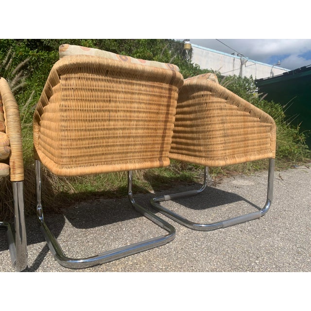 Chrome Harvey Probber Style Wicker and Chrome Cantilever Dining Chairs - Set of 4 For Sale - Image 8 of 12