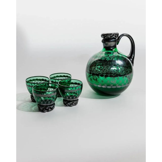 Vintage Green Murano Glass Liqueur Decanter and Glasses with Hand-Painted Silver Decor, Italy, 1930s, Set of For Sale - Image 4 of 11