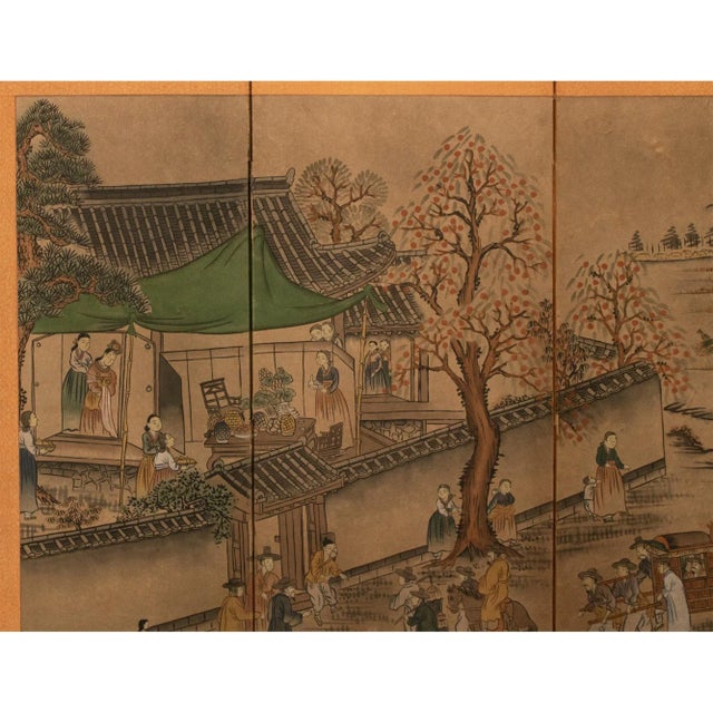 Chinoiserie C. 1960s Vintage Korean Painted Screen "Landscape With Building" For Sale - Image 3 of 11