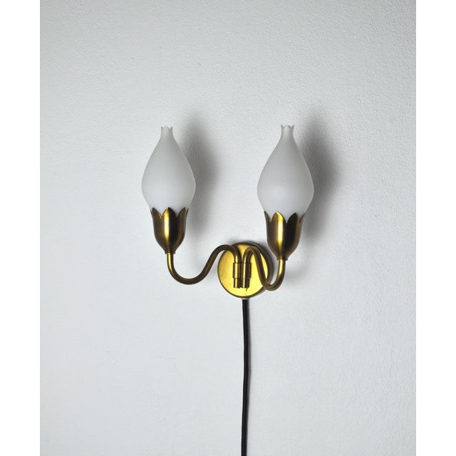 2-Arm Brass and Opaline Glass Wall Lamp from Fog & Mørup, 1950s For Sale - Image 3 of 10