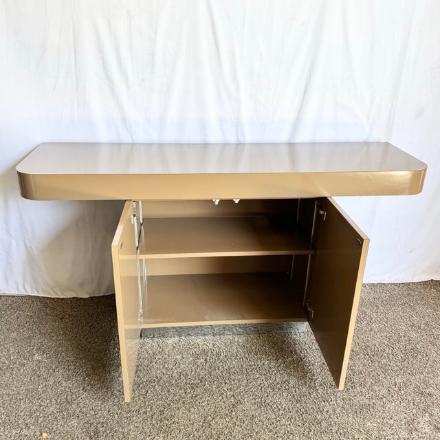 Postmodern Taupe Brown Lacquer Laminate Credenza With Chrome Base For Sale - Image 4 of 9