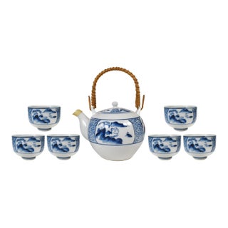 Late 20th Century Sometsuke Japanese Blue and White 6 Cups and a Teapot Woven Bamboo Handle Tea Set - 7 Pieces For Sale