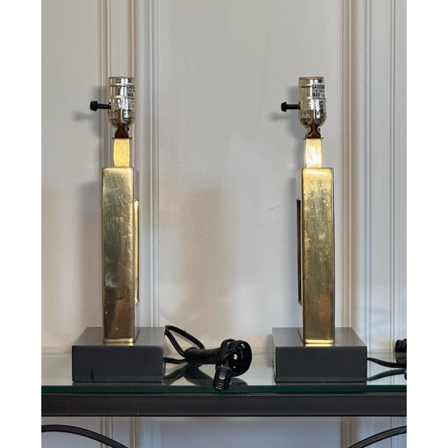 Brass Mid Century Modern Hollywood Regency Square Brass Table Lamps, a Pair For Sale - Image 8 of 12