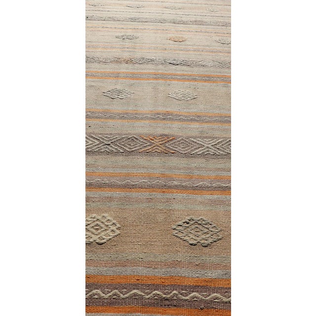 Mid 20th Century Mid 20th Century Vintage Turkish Flat-Weave Kilim in Muted Colors With Stripes and Embroideries For Sale - Image 5 of 12