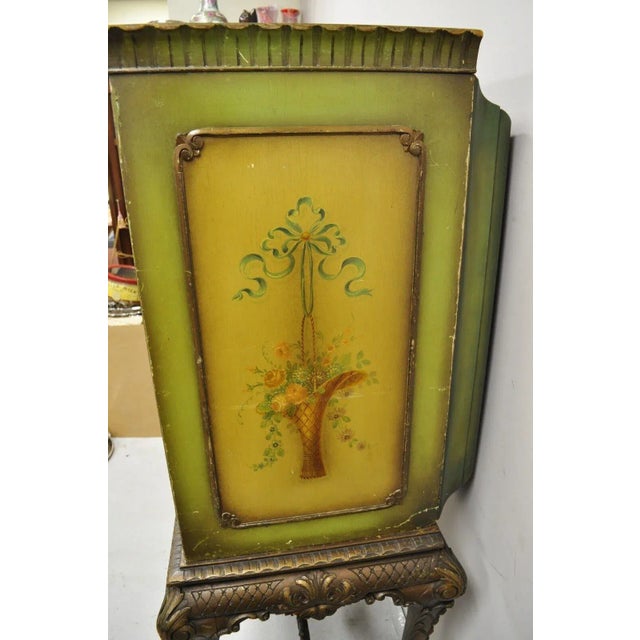 Green Early 1900s Antique French Renaissance Green Distress Painted Radio Cabinet Bar Cupboard For Sale - Image 8 of 12