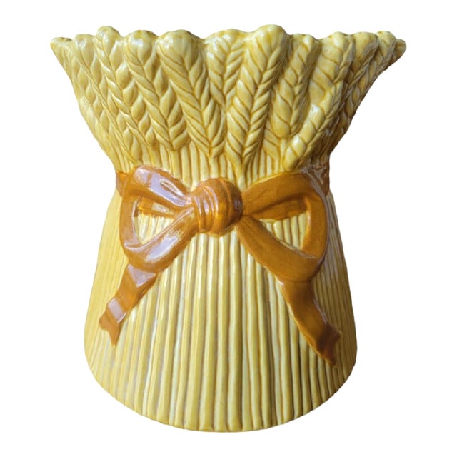 Vintage Ceramic Sheaf of Wheat Golden Planter Pot Vase Vessel For Sale