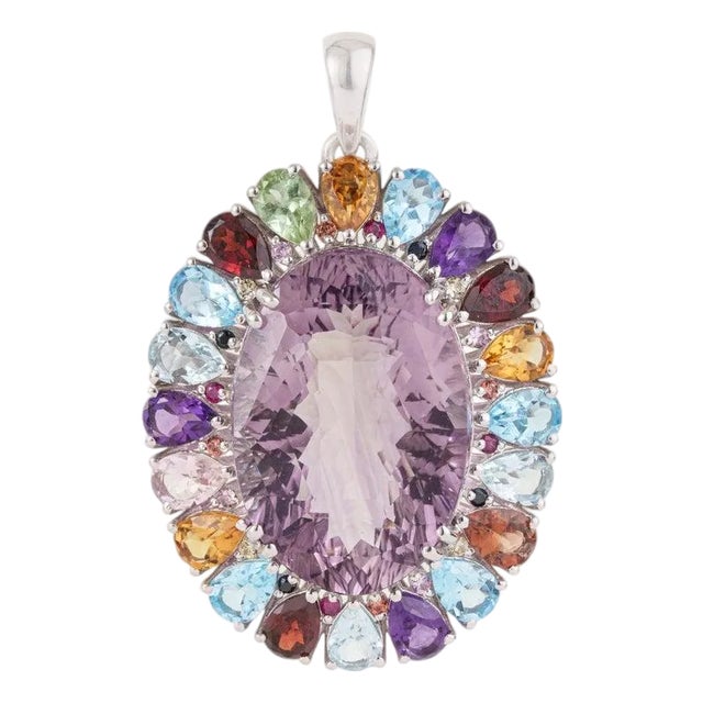 Ornate Victorian Style Multi-Gemstone Pendant in 925 Sterling Silver For Sale